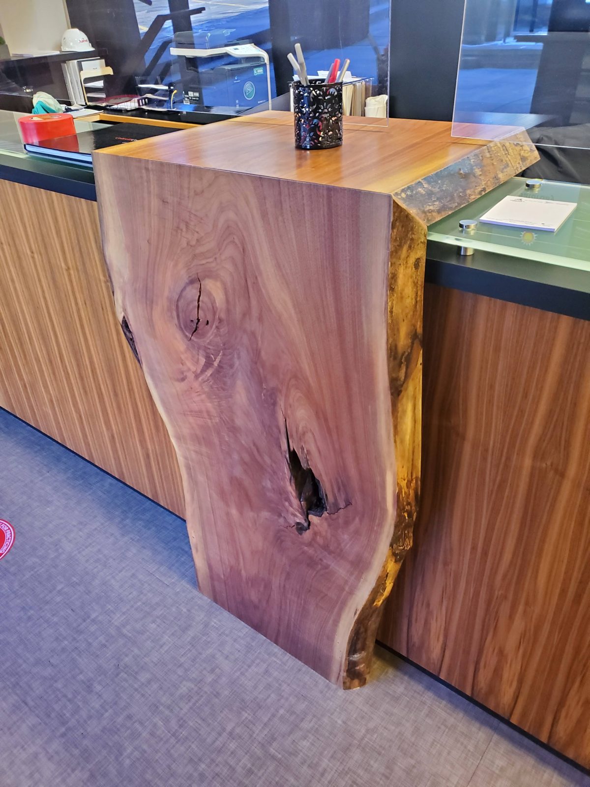 Finished live-edge counter built from salvaged urban lumber